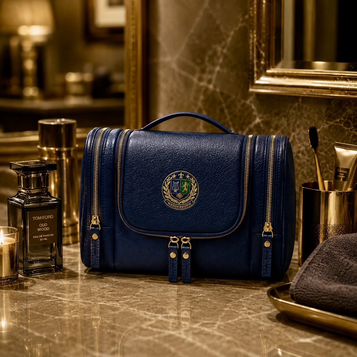 Dopp Kit in soft grainy synthetic leather with three zip compartments and a fold-out hanging hook, shown on a marble vanity