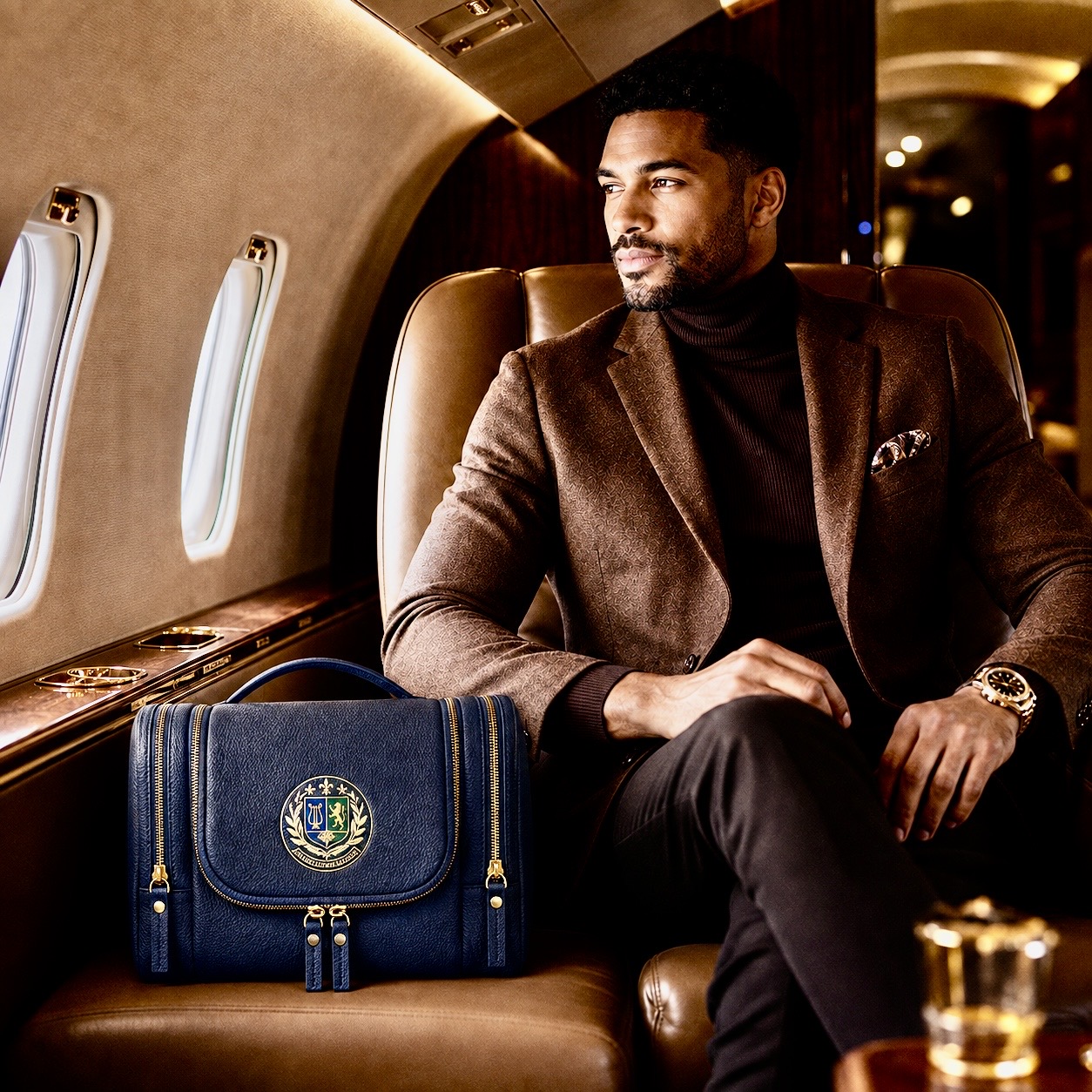 A traveller seated in a private jet cabin beside a navy Dopp Kit bearing a gold-toned family emblem