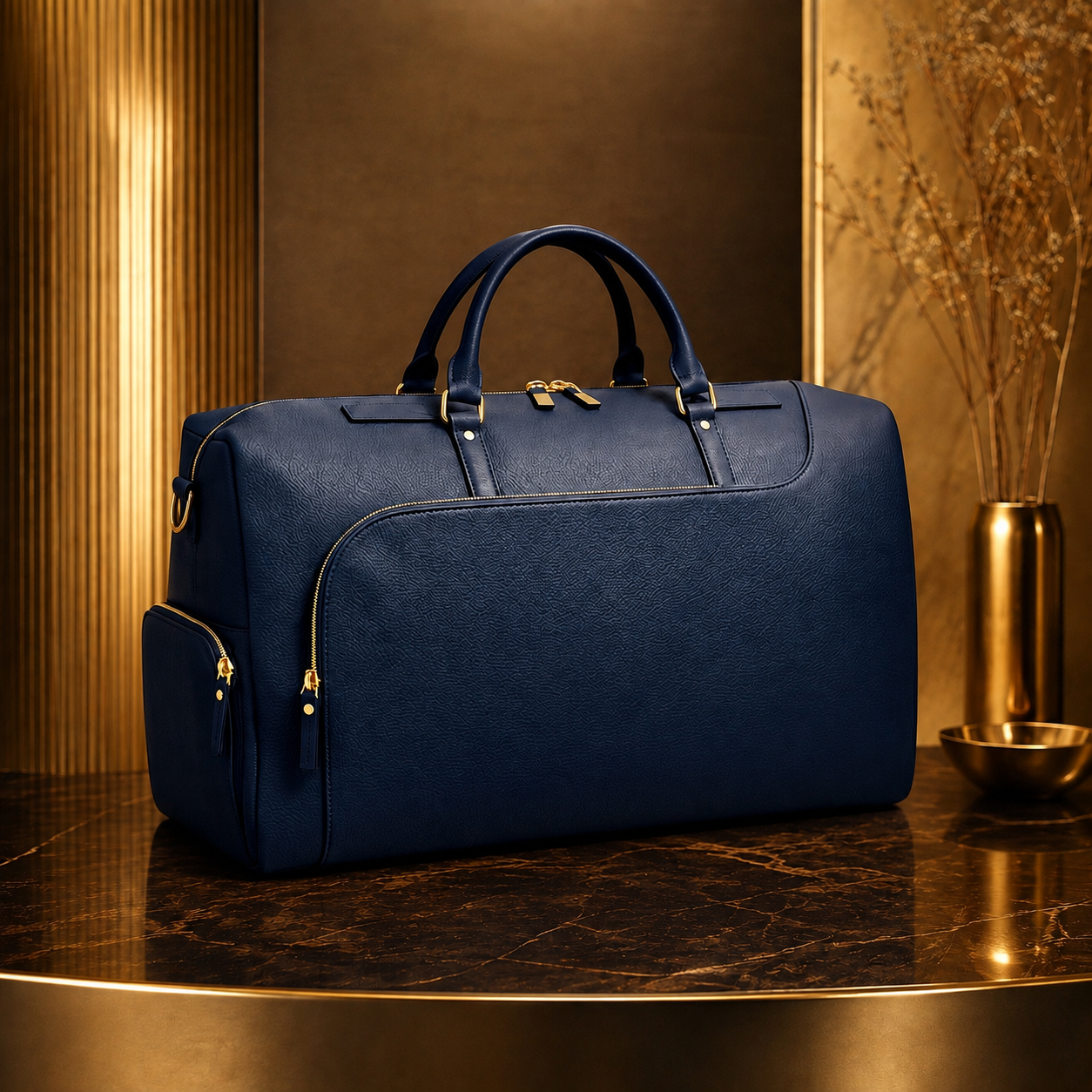 Lifestyle duffle in soft grainy synthetic leather, shown in navy, with dual rolled handles and metallic fittings