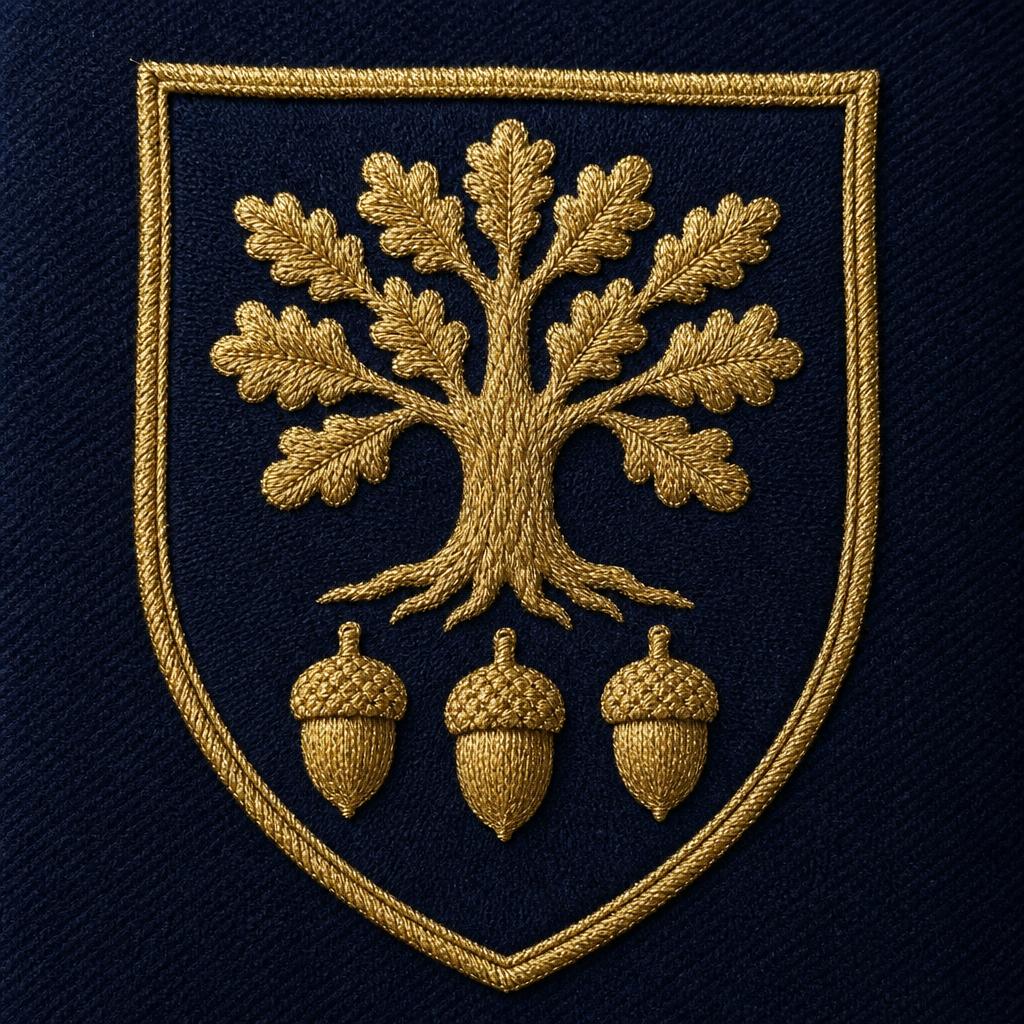 Hand-embroidered heraldic emblem in gold thread on navy, showing an oak tree above three acorns.