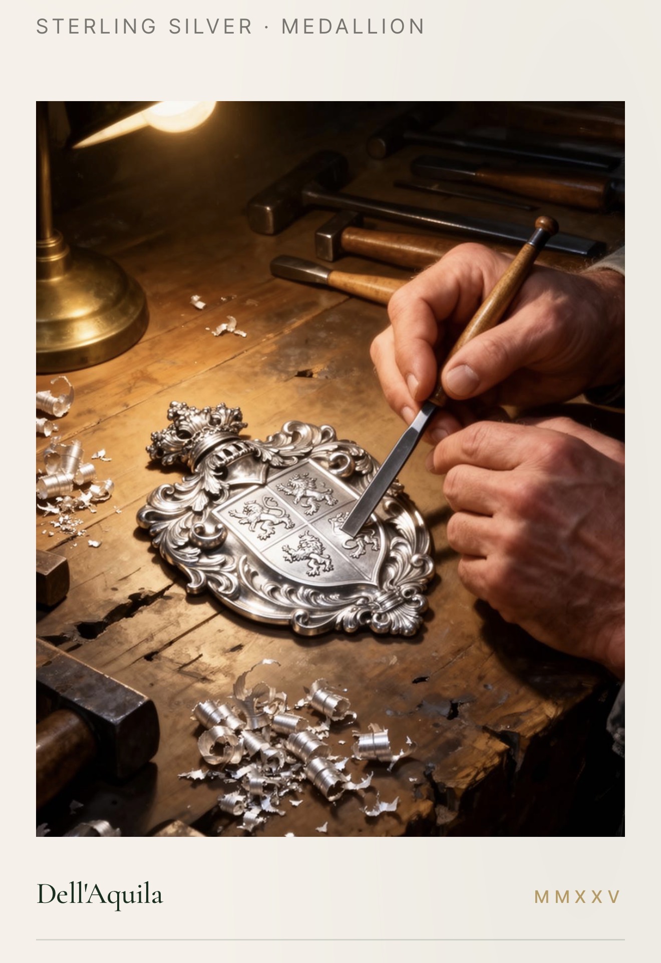 An artisan drawing a family emblem by hand at the Root & Seal atelier