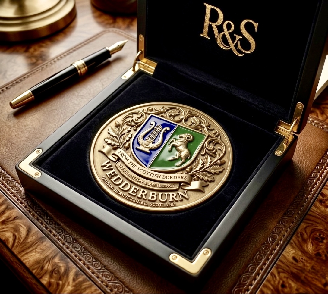 A finished Root & Seal family emblem embroidered in gold-toned thread and mounted on linen